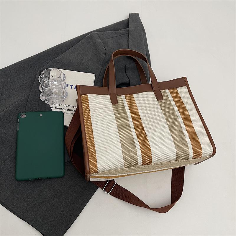 Large Capacity Canvas Bag Hand Carrying Student Class Crossbody Bag Striped Contrast Tote Bag