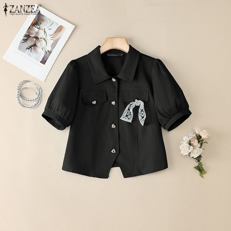 ZANZEA Women Turn Down Collar Casual Short Sleeve Lace Bow Cropped Blouse