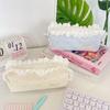 Lace Trim Pencil Case with Top Closure, Embroidered Heart Design for School Supplies, Desk Storage and Journaling