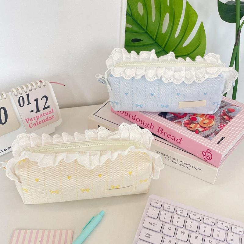Lace Trim Pencil Case with Top Closure, Embroidered Heart Design for School Supplies, Desk Storage and Journaling