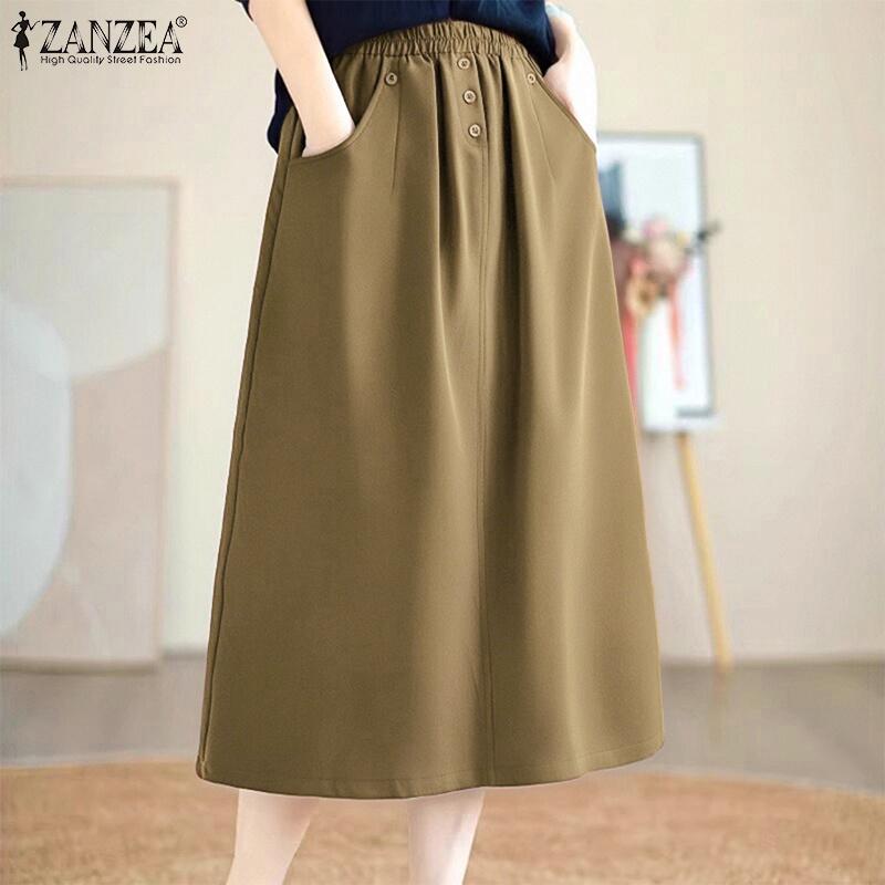 ZANZEA Women Casual Elastic Waist Loose Midi Skirts