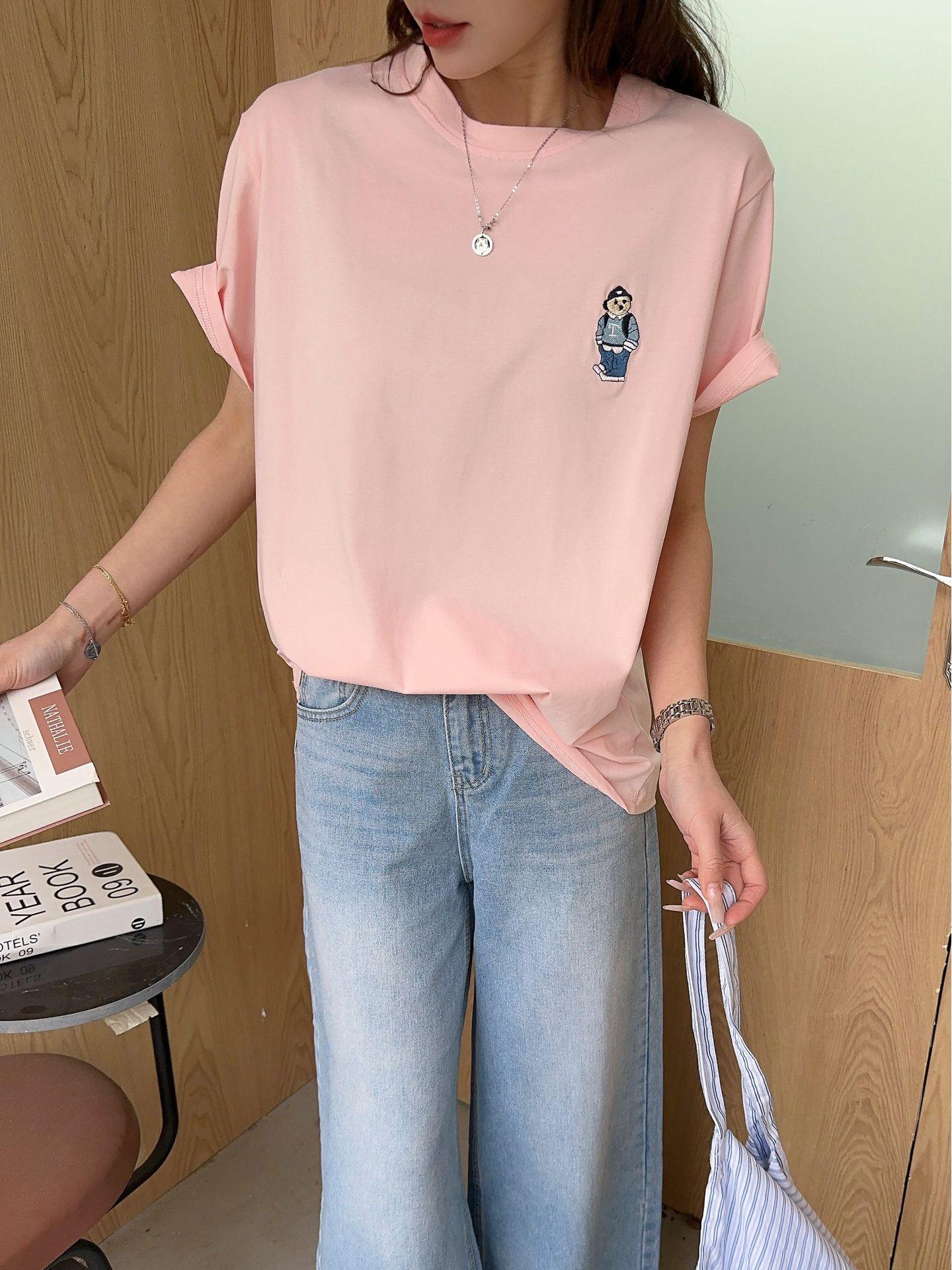 

Летняя женская футболка с круглым вырезом, мультяшной вышивкой и коротким рукавом, свободного кроя, 2025 One Size (Suitable for 90-150 lbs)