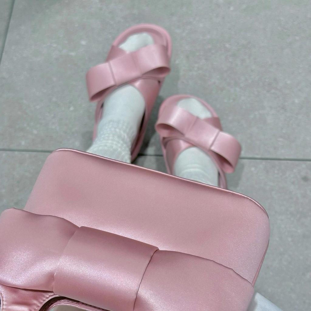 Sheepskin version~ Summer new bow-tie leather thick-bottomed one-word slippers for women's outer wear heightening half-drag high-heeled sandals