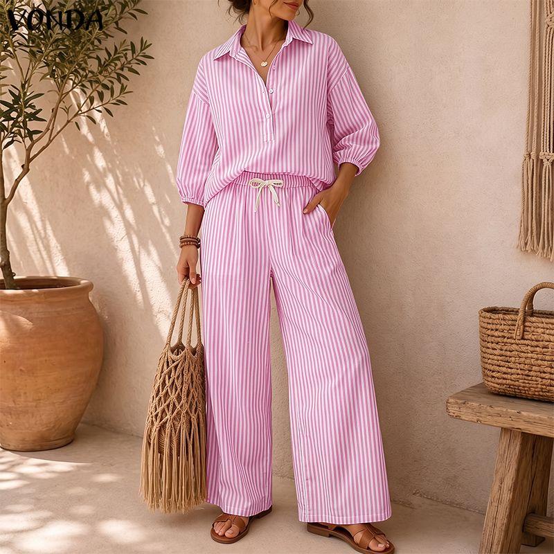 VONDA Womens Casual Striped Two Piece Outfits Long Sleeve Buttons Shirt and Drawstring Wide Leg Pants Loungewear Sets