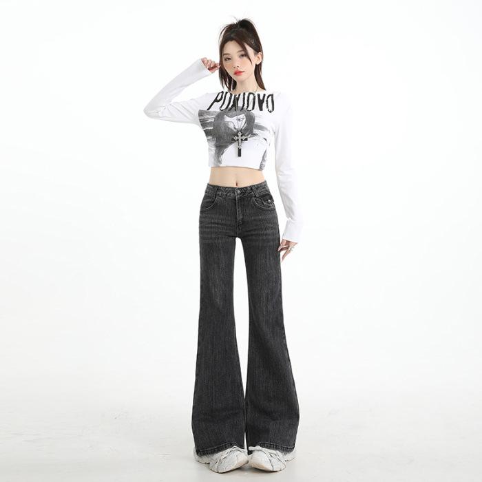 New In Autumn and Winter, Bamboo Pattern Gray Micro-elastic Low-rise Micro-loose Flared Jeans Women's Gray Trousers Yichun