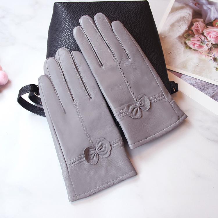 

Женские зимние кожаные перчатки с бантом: Перчатки для велоспорта из плотного бархата, ветрозащитные, водонепроницаемые, теплые One Size светло-серый