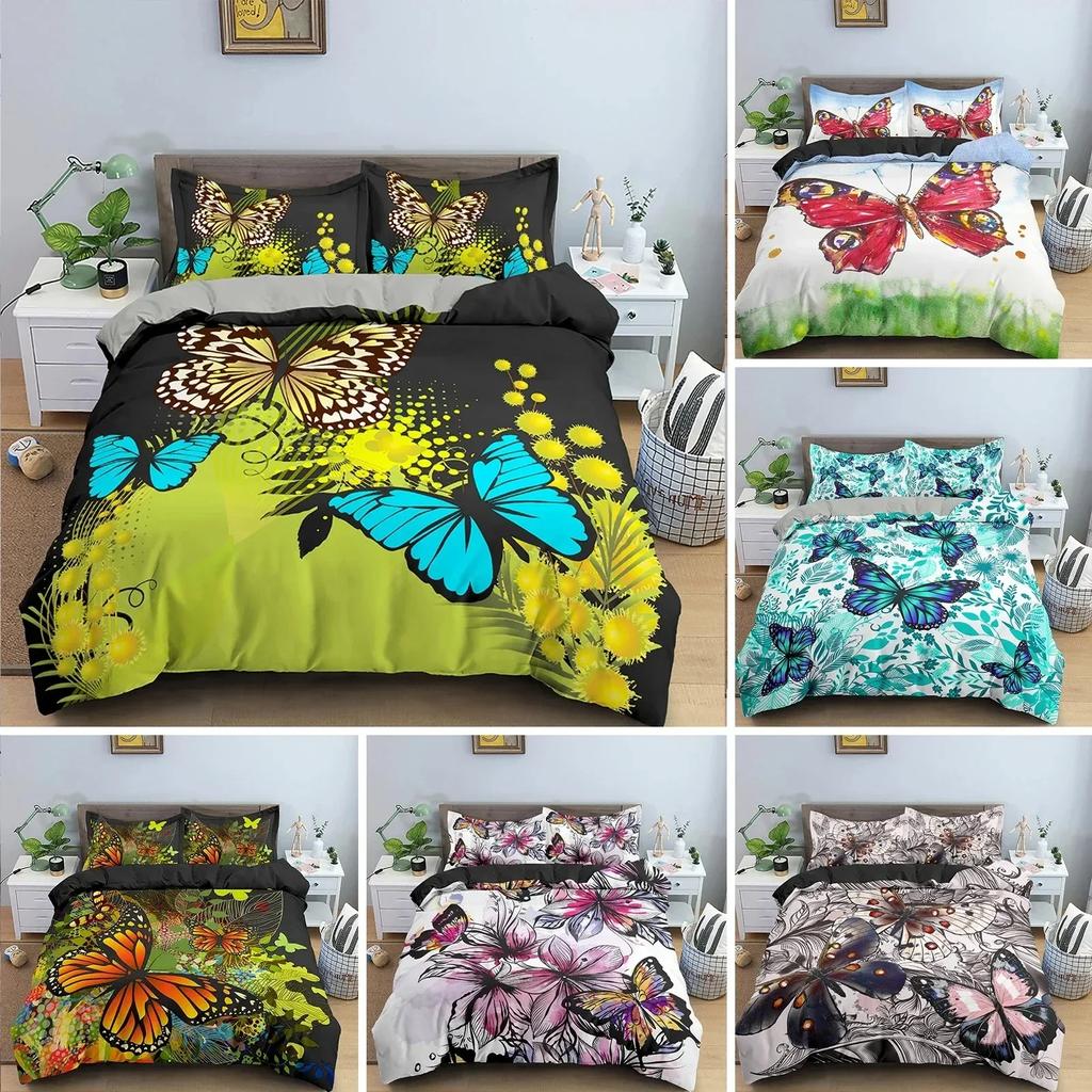 Butterfly Duvet Cover King Queen Size Animal Floral Bedding Set For Teens Adults Beautiful Flower Polyester Quilt Cover Top