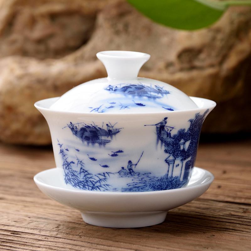 Blue and White Ceramic Gaiwan Tea Set: Small Tea Bowl & Tasting Cup with Concave Lid.
