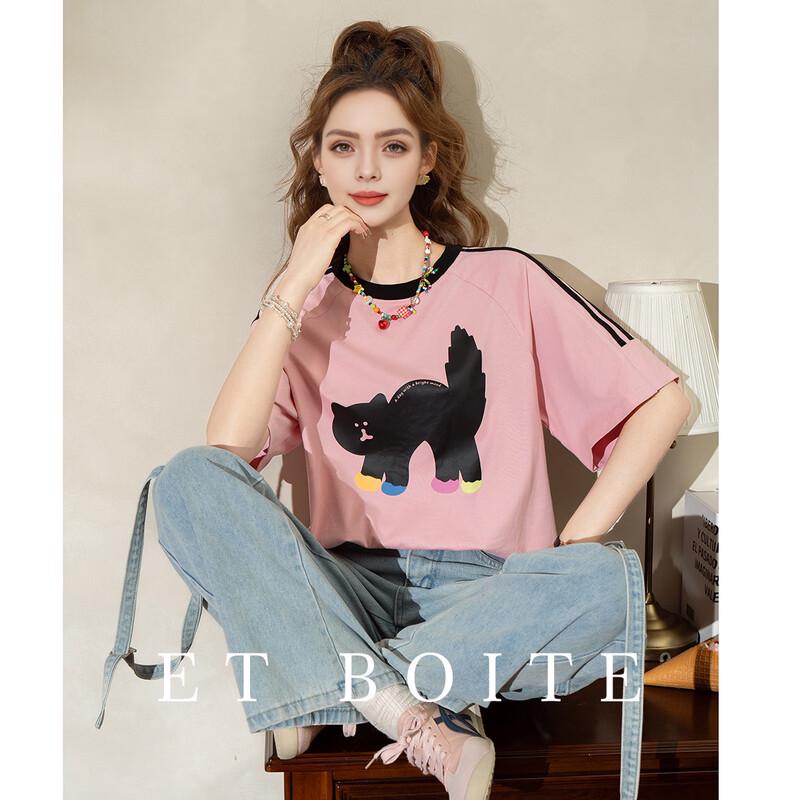 Women s School Style Cartoon Cat Striped Short Sleeve T-Shirt S