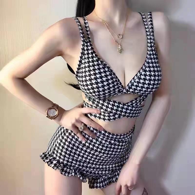 

Song Zhiya same single that hell sexy thousand bird grid swimsuit hot spring high waist conservative swimsuit M