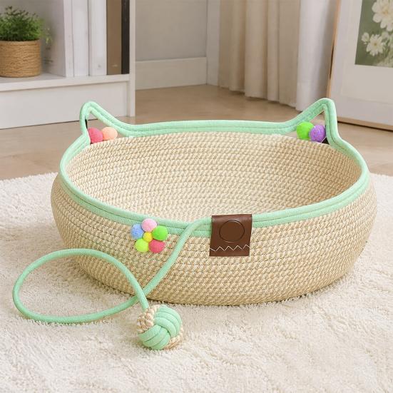 Decorative Pet Sleeping Basket Handwoven Cotton Rope Cat Bed, Scratchable Indoor Basket, Hand Woven Bed for Small Pets Breathable Round