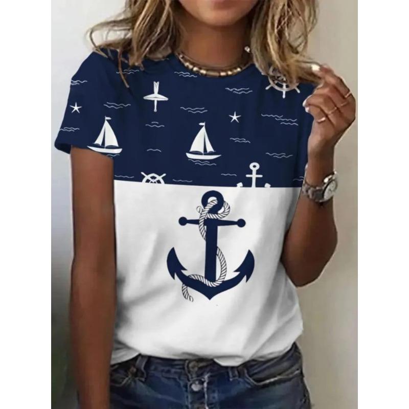 Women's 3D Printed T-Shirt Colorful Striped Boat Anchor Pattern Print Short Sleeve O-Neck Pullover Casual Top