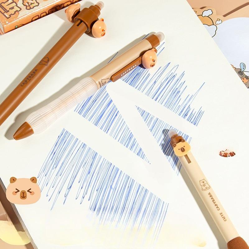 10pcs Cute Cartoon Bear Kapybara Themed Press Pen Plastic Erasable Neutral Pen Blue Ink Quick Drying Function Writing Tool
