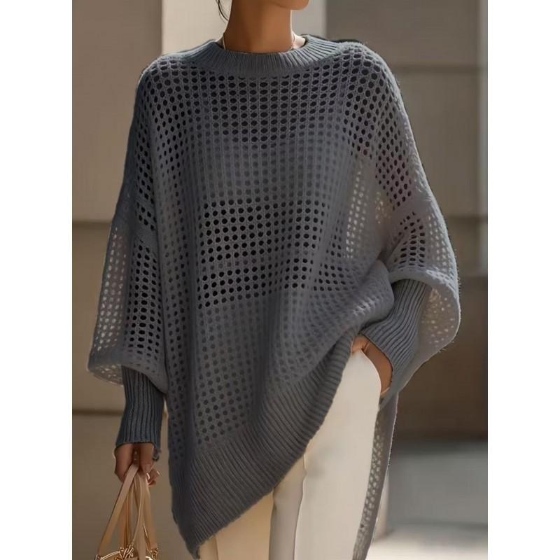 Oversized 2026 Knit Sweater Women Loose Fit Crochet Cutout Top Long Sleeve Round Neck Casual Pullover