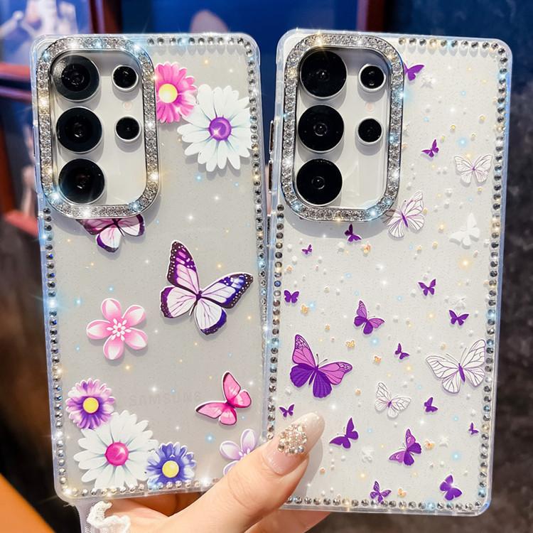 The Flash Diamond Frame Is Suitable for Samsung S25Ultra Mobile Phone Case, Painted Flower Butterfly Mirror Holder, New A56 Case.