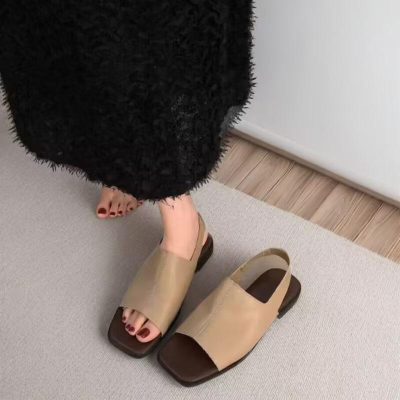 Fashion 2025 High Quality Sheepskin Leather Women's Sandal Open Toe Square Head Elastic Sandals Designer Summer Casual Slippers Shoes