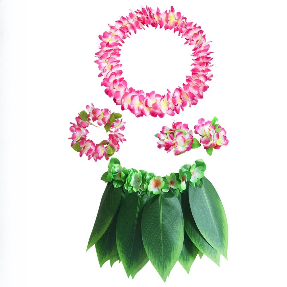 Hawaiian Luau Costume Set Leaf Skirt Flower Lei for Kids Adults Party Outfit