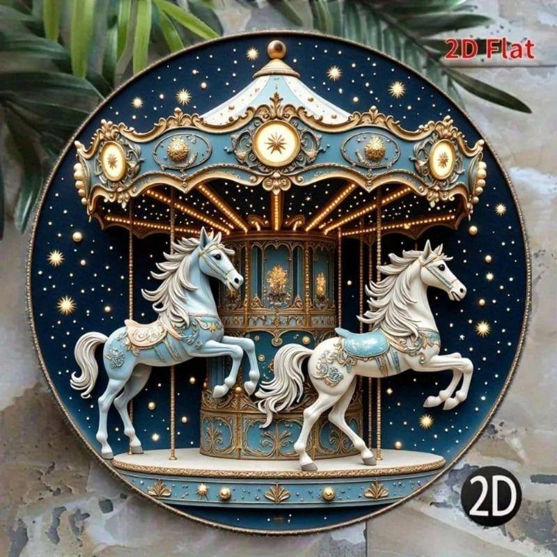 

Vintage Horse Carriage Starry Night Metal Wall Poster 8 Inch Round for Living Room