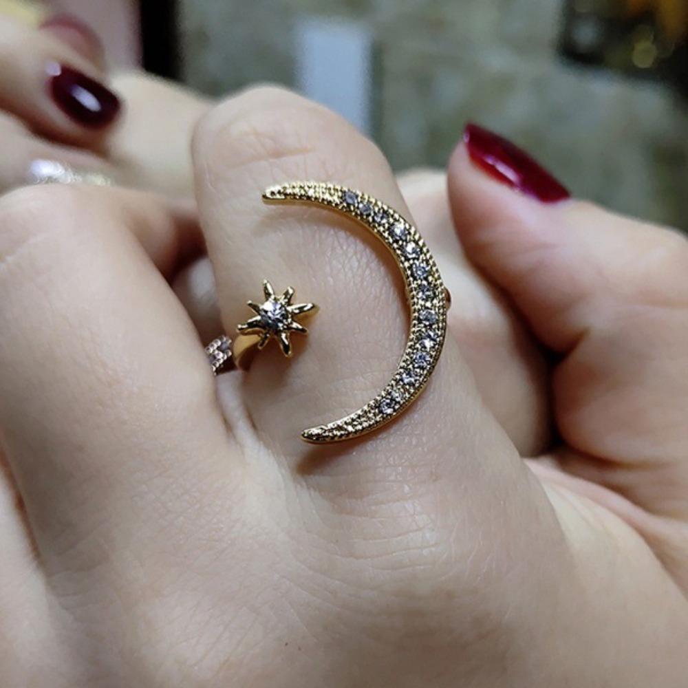 Open Ring 18k Gold Plated Crescent Moon Star Engagement Ring Exaggerated Creative Wedding Band for Women