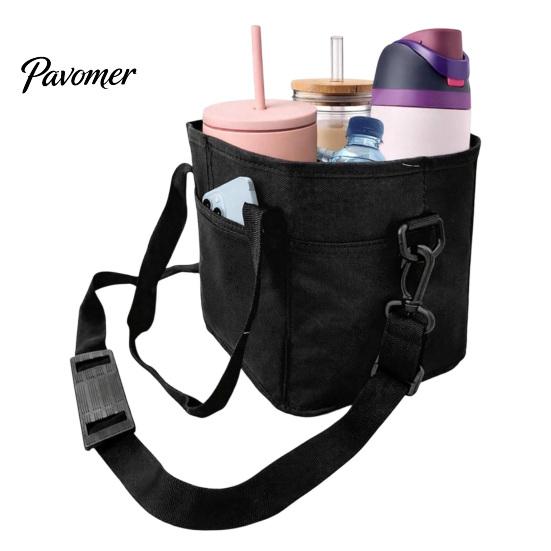 Foldable Drink Holder for Delivery Beverage Pouch with Adjustable Strap, Reusable Waterproof 4 Cup Carrier Collapsible Parties Holder, Portable Caddy
