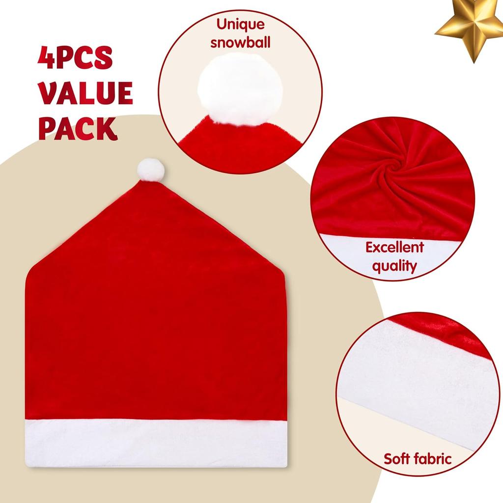 JOYFY 4 Pcs Christmas Chair Cover Red Santa Hat Chair Slipcovers for Christmas Holiday Festival Decoration Ornaments Set