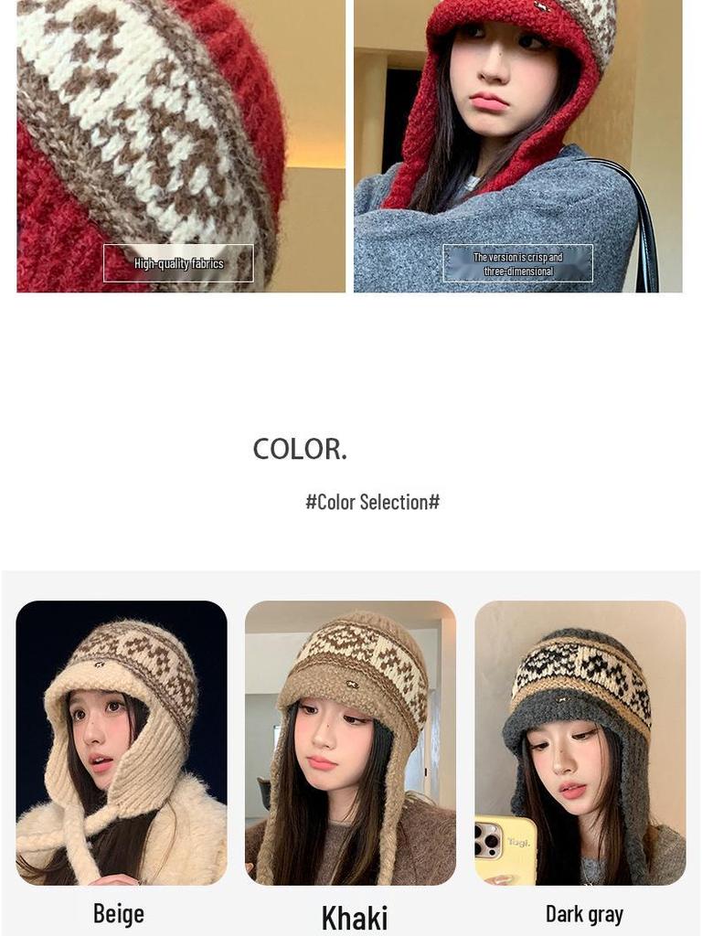 Women's Knitted Wool Lei Feng Hat with Large Brim and Ear Protection for Winter Warmth