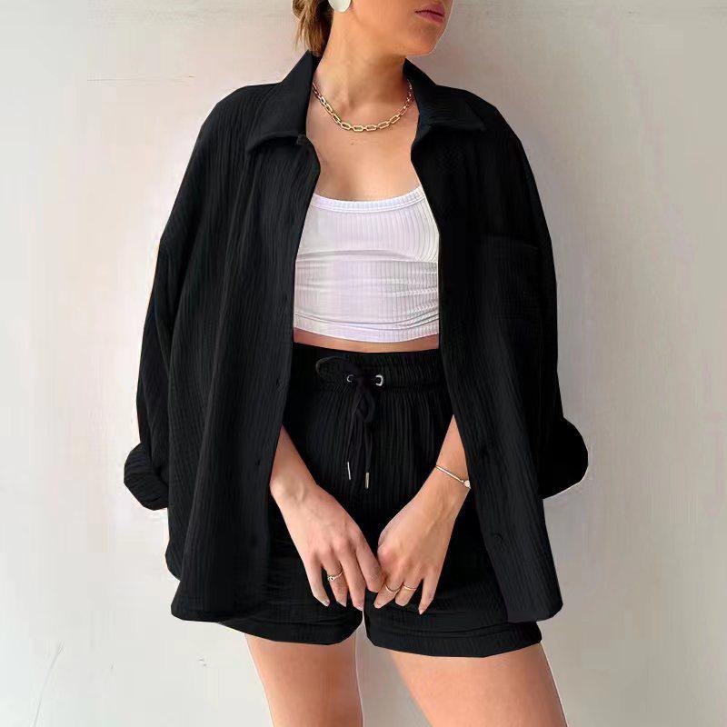 European and American Women's Crinkle Lapel Shirt & High Waist Shorts Two-Piece Set