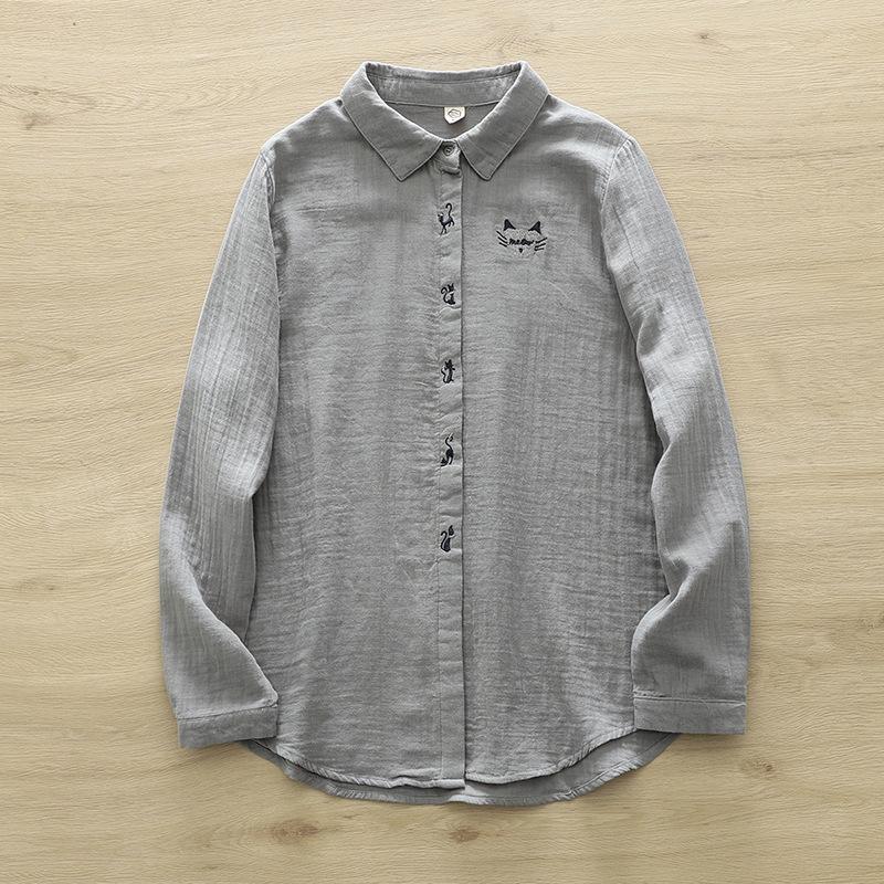Women's Exquisite Embroidered Blouses & Shirts Lapel Long Sleeved Shirt Women's Placket Cat Loose Cotton Yarn Shirt