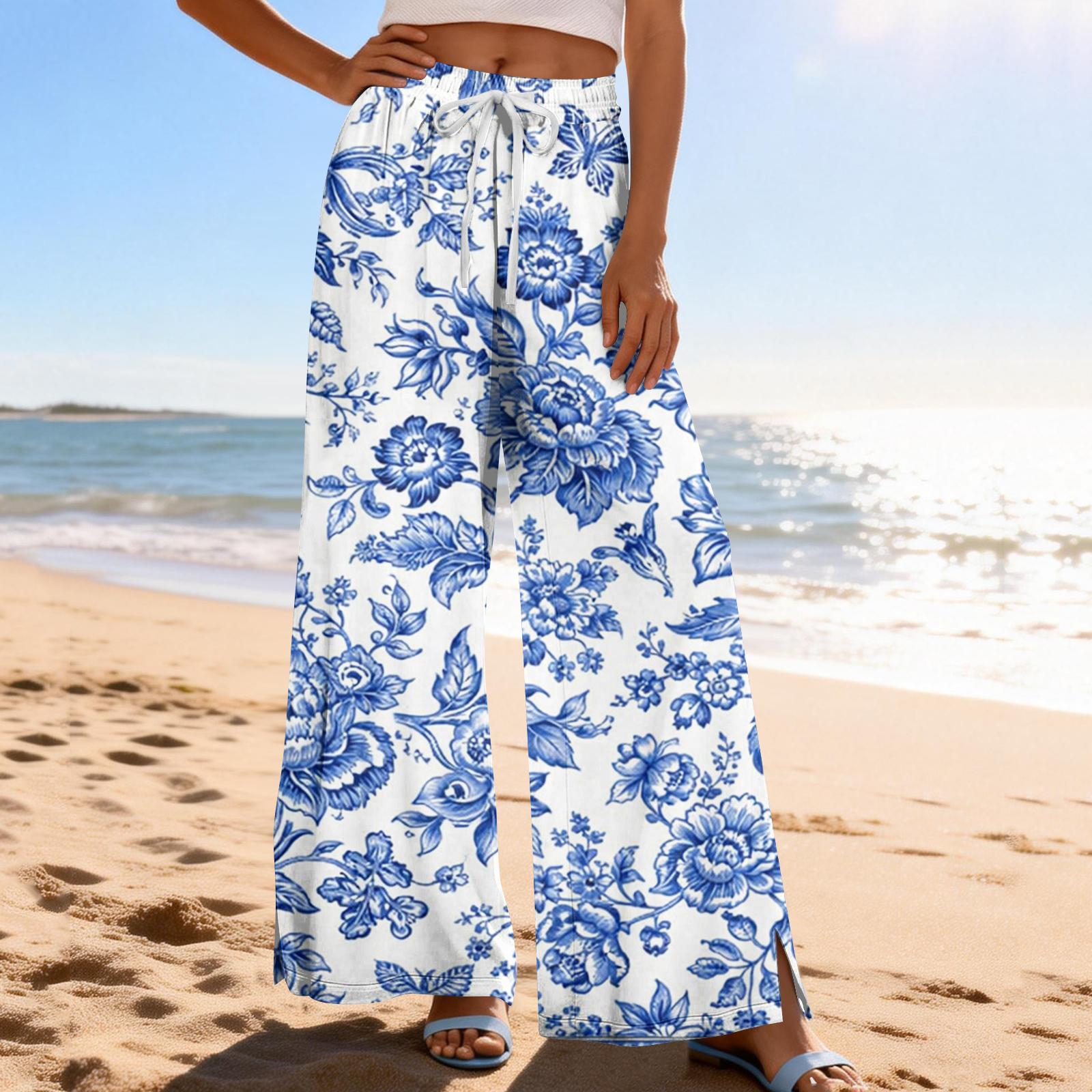 

Women Summer Boho Palazzo Pants High Waist Wide Leg Printing Casual Trousers With Pockets XL