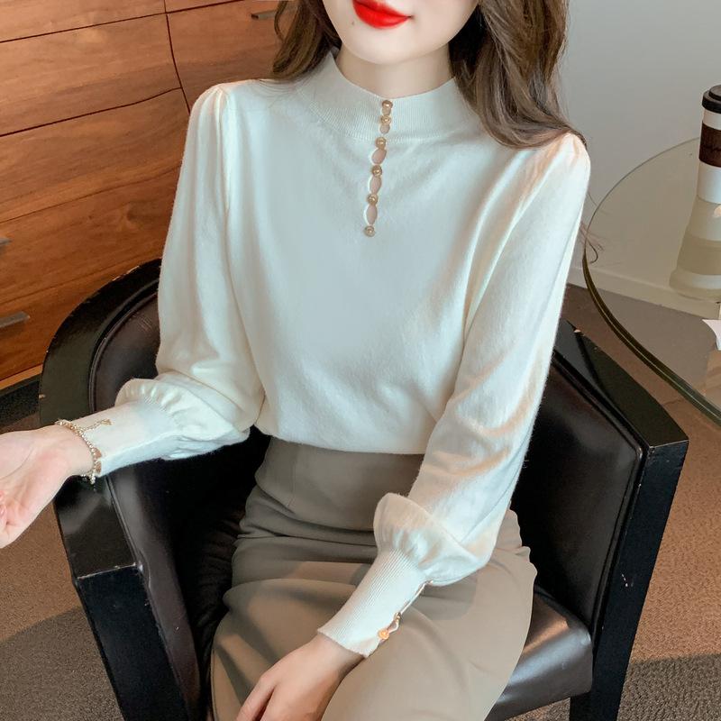 Podzimní a zimní dámská košile se spodním lemem Osobnost Svetr s polovysokým výstřihem Ženy Svetr s lucernovým rukávem Pletený Svetr Tenká košile se zapínáním na dno Topy s dlouhým rukávem