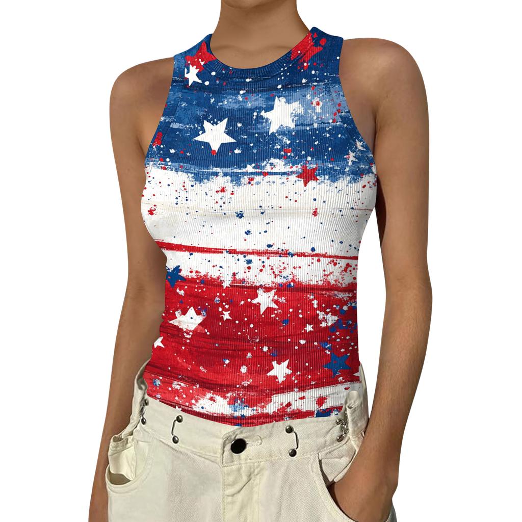 Women's Fashion Round Neck Independence Day Print Sleeveless Vest Top