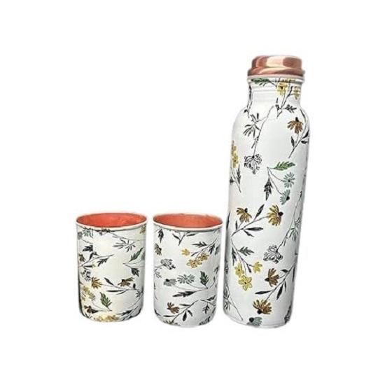 Copper Water Bottle 1 Ltr | Copper Water Bottle with Glass Set | Meena Work | 100% Pure | Leak-Proof | 2 Water Glass 300ml each