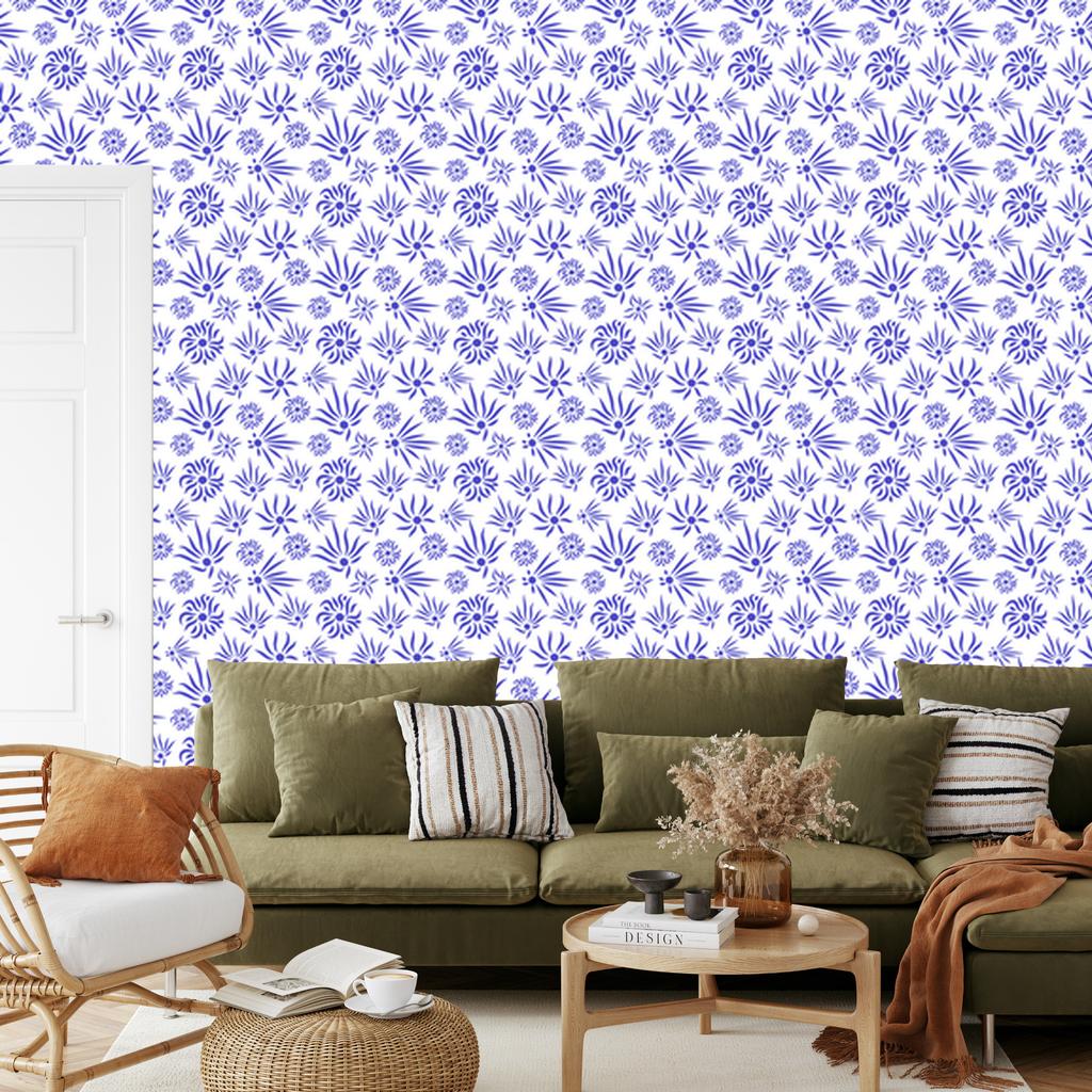 Blue and white flowers wallpaper for living room and bedroom 50x1000