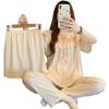 French Court Style Summer Round Neck Pajamas Women'S Short-Sleeved Three-Piece Temperament Girl Cloud Cotton Loungewear