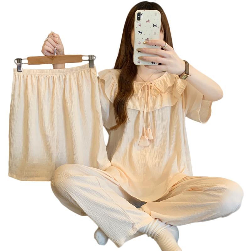 French Court Style Summer Round Neck Pajamas Women'S Short-Sleeved Three-Piece Temperament Girl Cloud Cotton Loungewear