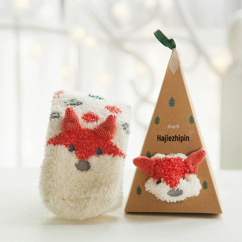 Japanese Christmas Cartoon Socks: Cozy Coral Fleece with 3D Embroidery for Women