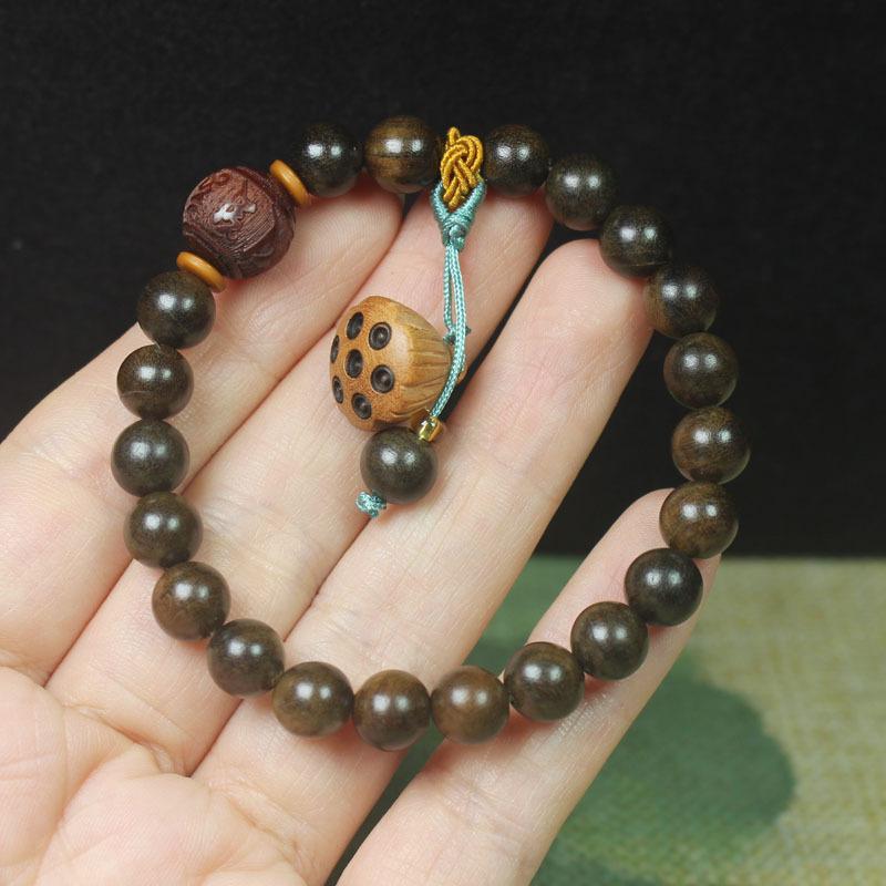 8mm Natural Wood Bead Bracelet Lotus Pendant Men Women Jewelry