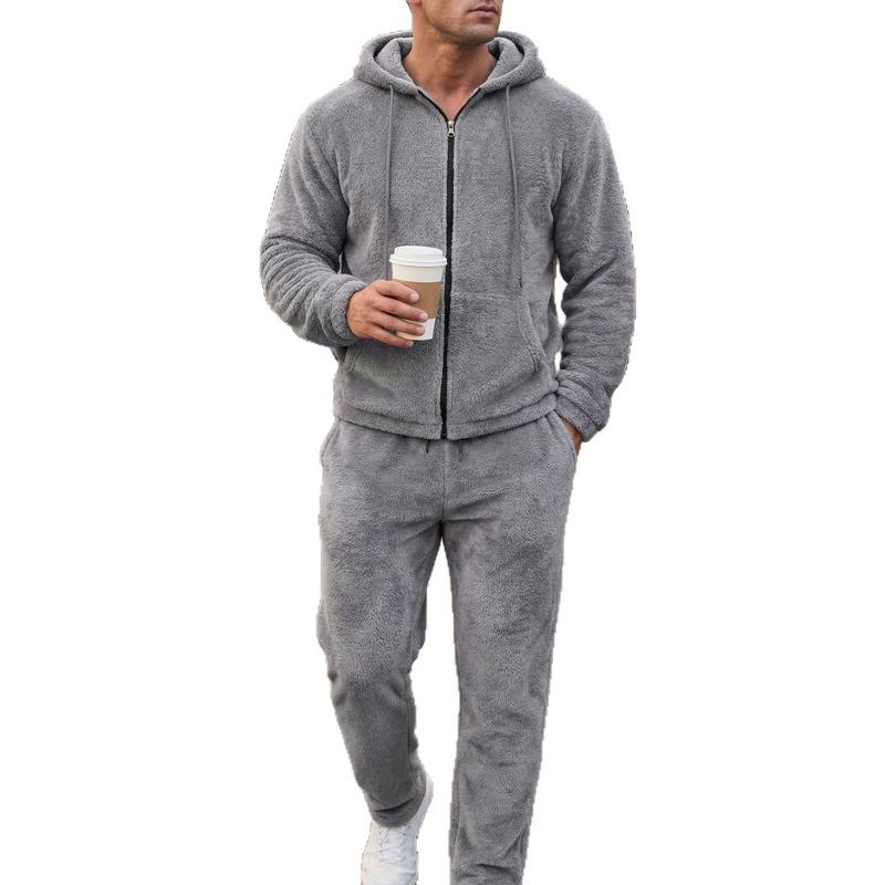 Solid Fleece Lined Drawstring Hooded Top And Long Pants Two Piece Casual Mens Set