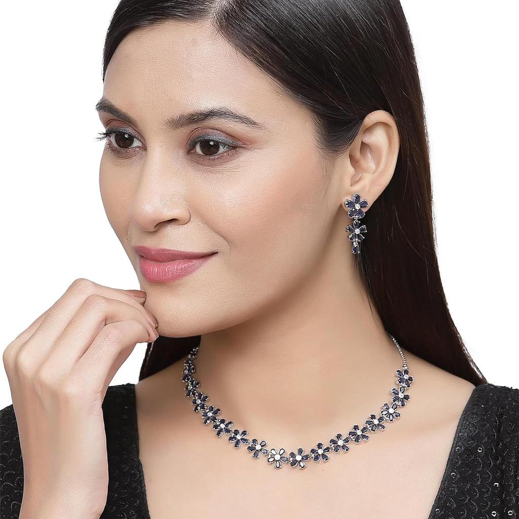 Rhodium Plated Silver Toned White American Diamond Studded Flower Shaped Jewellery Set For Girls and Women
