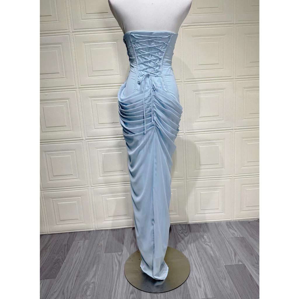 Damen Trägerloses Raffung Schlitz Maxikleid, Sexy Figurbetontes Abendparty Langes Kleid, Europäischer Amerikanischer Stil Formelles Cocktailkleid