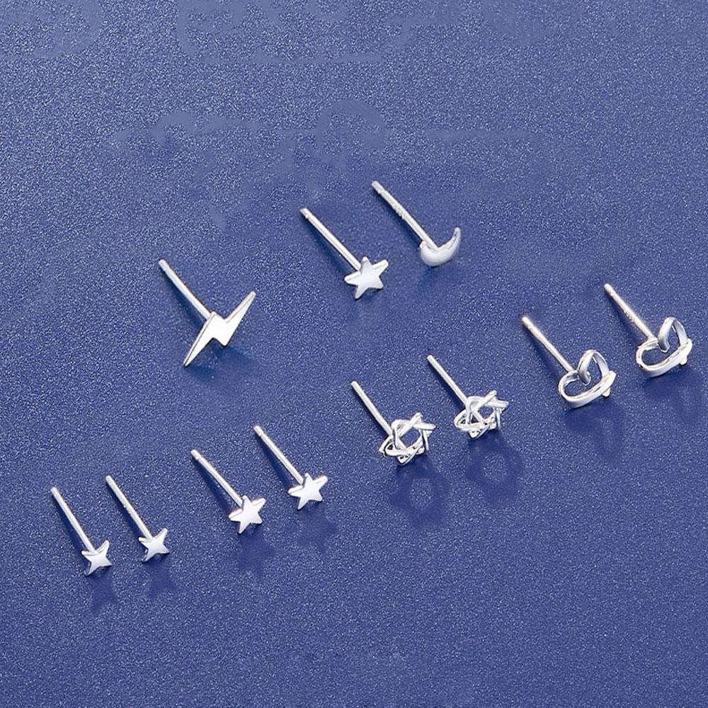 Sterling Silver Lightning Stud Earrings for Women Star of David Moon Heart Earring Elegant Wedding 999 Silver Jewelry