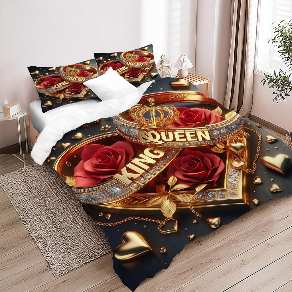 Couple'S Ring Roses Pattern 3D Printed Duvet Cover Set Simple Luxury Style Bedding Set Soft Comfortable Quilt Cover Pillowcase