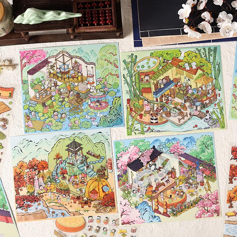 Chinese style 3D Three-dimensional scene stickers Adhesive Diy Decorative Labels Diary Album Stationery Scrapbooking material