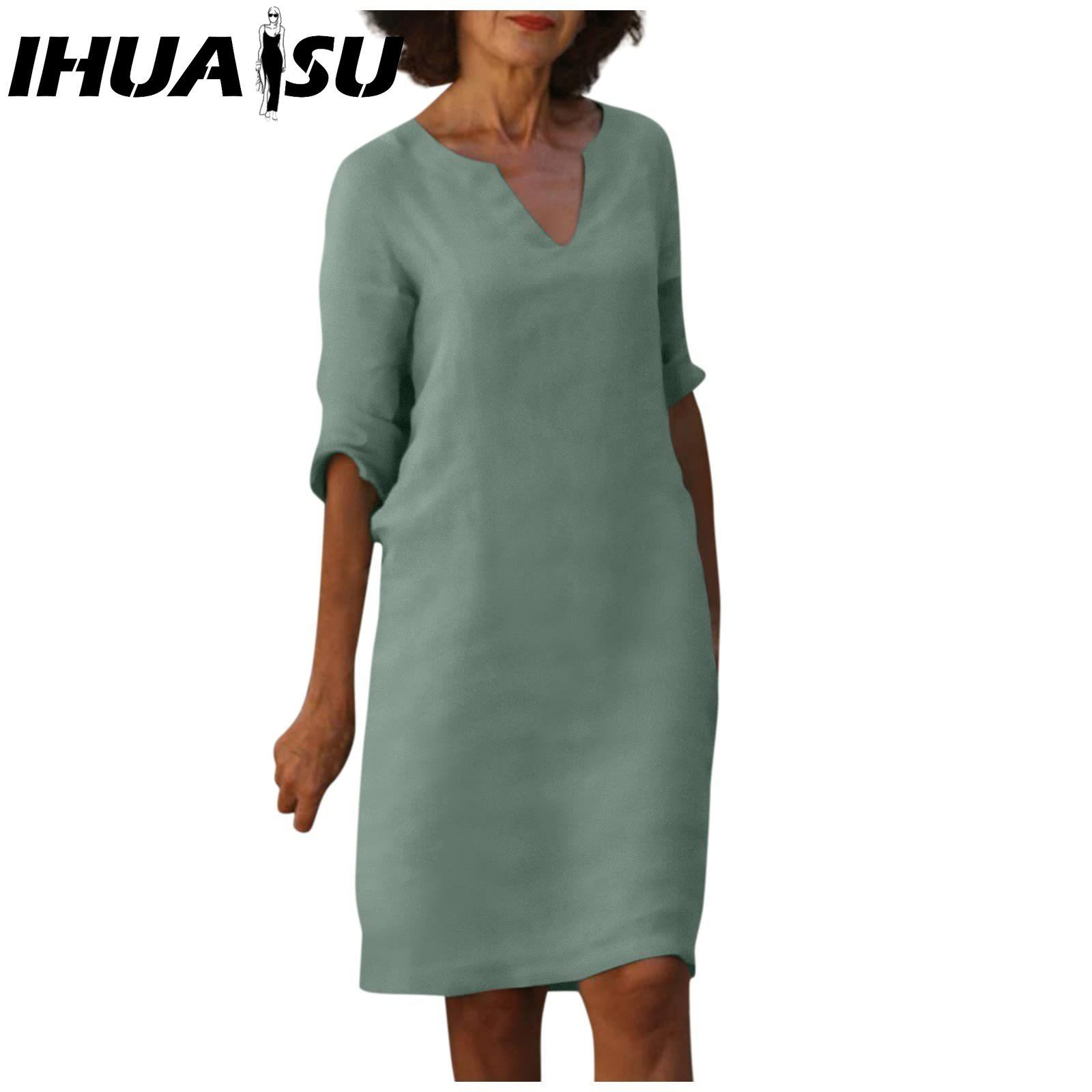 

IHUASU Женское летнее однотонное платье из хлопка и льна в стиле ретро с V-образным вырезом и короткими рукавами, легкое дышащее платье XXL