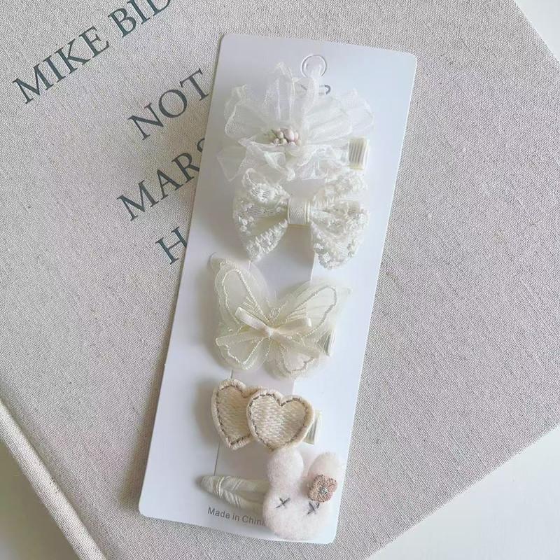 Cute Beige Hair Clips Set With Lace Bow Rabbit Flower Designs Perfect For Little Girls Daily Wear Birthday Party School