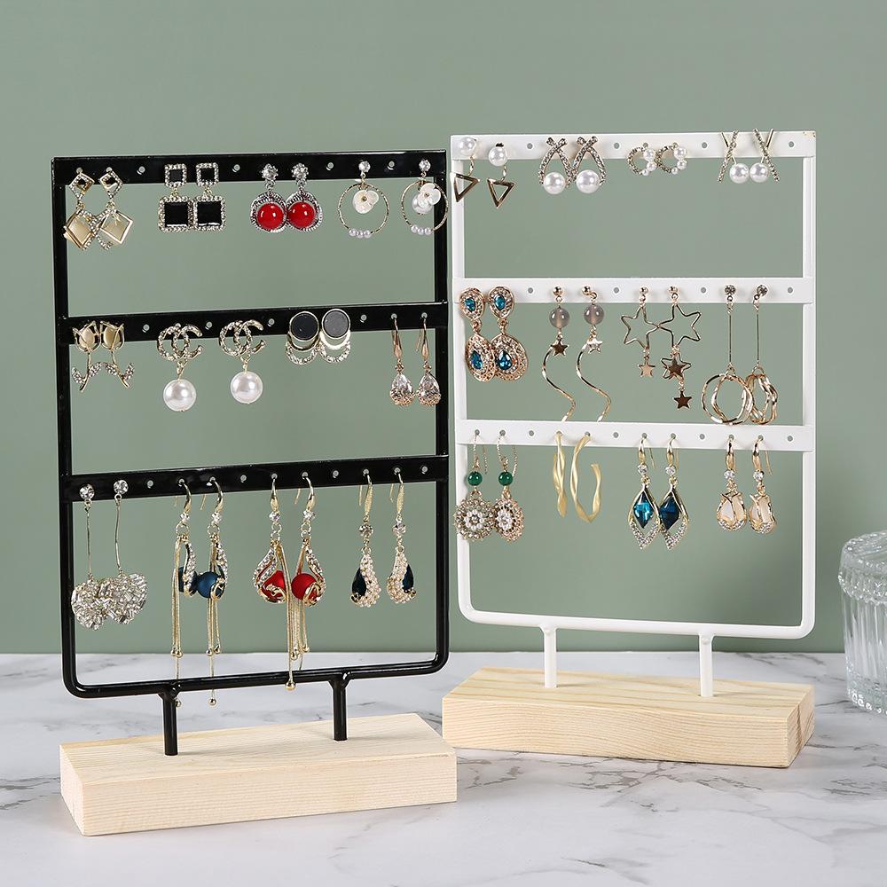 3-Tiers 72 Holes Earring Display Holder,Metal 3 Layers Jewelry Storage Organizer Wood Base Stand Tree,Ear Stud Rack Gift