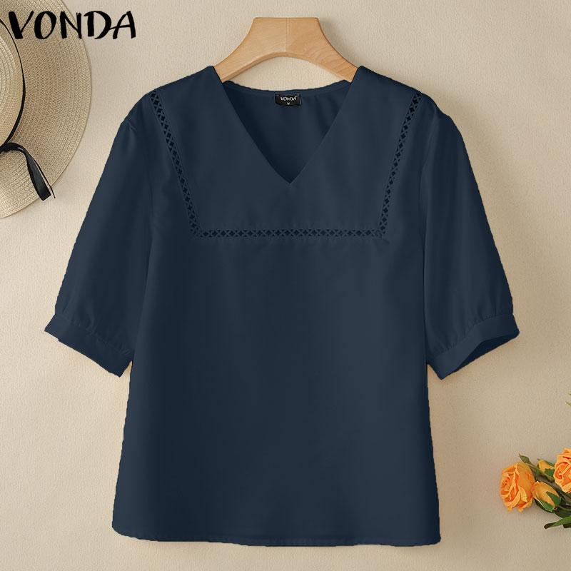 

VONDA Summer Women V Neck Short Sleeve Hollow Out Casual Blouse XL