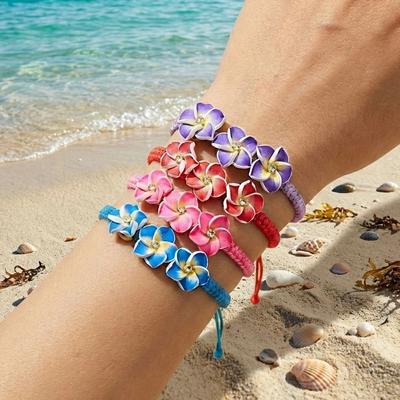 Boho Hawaiian Flower Bracelet for Women Polymer Clay Beaded Braid Rope Bangle Summer Beach Vacation Jewelry Best Friend Gifts