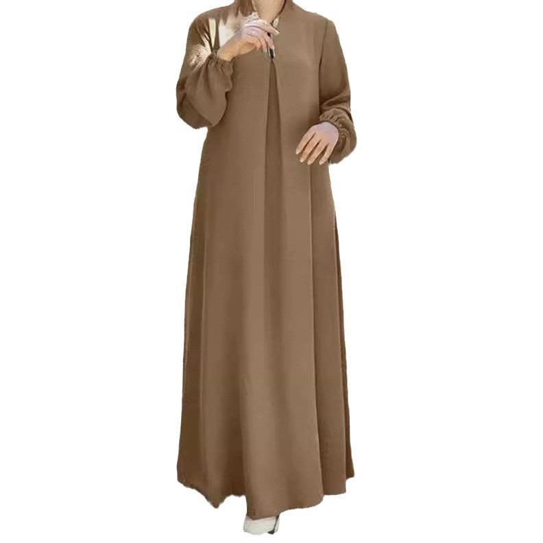 Middle Eastern Muslim Solid Color Long Sleeve Loose Round Neck Dress