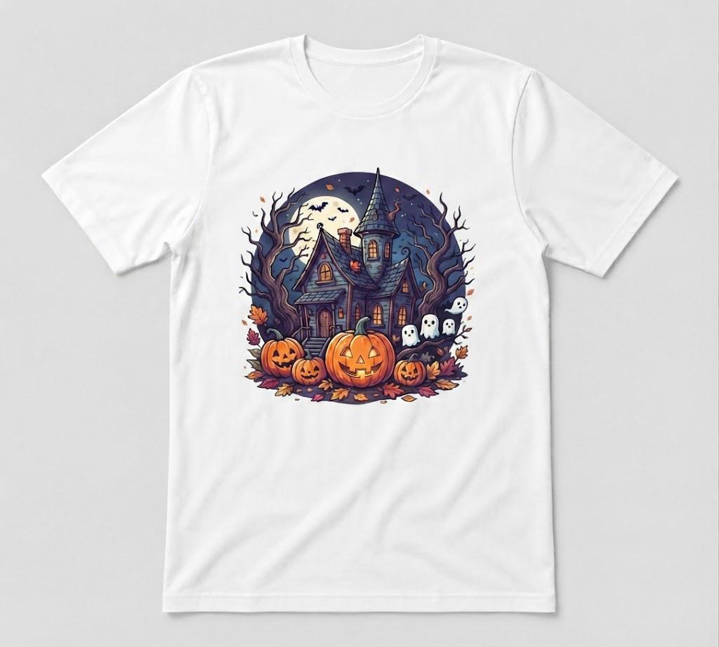 Cute Haunted House Pumpkin Ghost Halloween Graphic White T-shirt